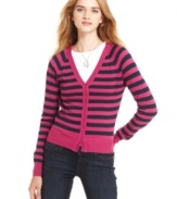 Every girl needs a good cardi! Classic stripes equip this version from Planet Gold with preppy-cool style.