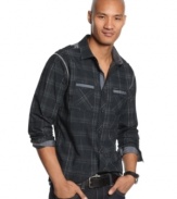 Who knew plaid could look so sexy? This button down by Marc Ecko Cut & Sew boasts stylish details designed to make you look dapper.