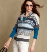 Tommy Hilfiger's Fair Isle cardigan is so easy to layer, thanks to a thick shawl collar and unexpected short sleeves. Try it with a long-sleeve tee and skinny jeans!