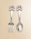 From the Gingham Bunny Collection. This 2-pc. set features a 3-dimensional bunny, complete with pink enameled ears.Includes 4.5 fork and spoonTarnish-resistant nickel-plateElegantly packaged for gift-givingImported