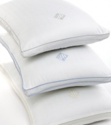 Sumptuous style now made for resting your head. The Lawton pillow from Lauren by Ralph Lauren is filled with lush down alternative for supreme, extra firm comfort. A contrasting satin-bound edging and an embroidered signature crest both heighten this rich design.