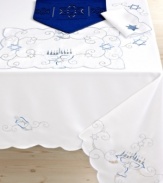 Dreidel you shall play. Keep spirits high for eight days and beyond with a festive Hanukkah tablecloth. Embroidered menorahs and stars, delicate cutwork and scalloped edges create a fresh backdrop for traditional fare.