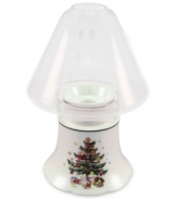 Nothing says cheer like a Happy Holidays candle holder. Nikko sets a very merry scene in white ironstone with a festively decked tree, colorful stars and a simple glass chimney. Holds small standard tea light.