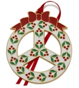 Send a message with this special Wallace peace ornament. Trimmed in cheery gold plate and enamel holly, it's a wreath that deserves a prominent place in every holiday home.