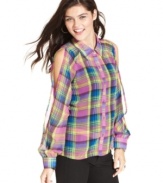 Pretty Rebellious adds serious flavor to the classic plaid button-down top with cute split sleeves and lightweight, semi-sheer fabric.