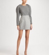 Soft sweatshirt knit in a fitted sheath styled with shapely gathered sleeves.JewelneckPleated shouldersLong sleevesBodice dartsSet-in waistCenter back zipperAbout 18 from natural waistTop: cotton; skirt: 85% wool/10% cashmere/5% nylonDry cleanMade in USA of Italian fabricModel shown is 5'10 (177cm) wearing US size 4.
