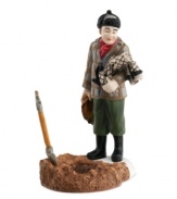 Ralphie's old man mourns the loss of his beloved leg lamp, burying its shattered pieces in the backyard. A bittersweet holiday moment and essential collectible from the A Christmas Story Village by Department 56.