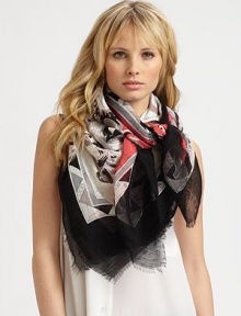 A gorgeous, abstract print accented with sweet, baby fringe. 35% cotton/65% linenAbout 54 X 54Dry cleanMade in Italy