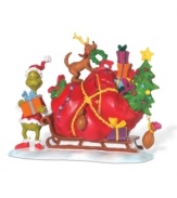 Finding the strength of ten Grinches – plus two! – this merrymaking Grinch returns all the packages, boxes and bags to the happy Whos down in Who-ville. Max rides the sleigh wearing his makeshift antler.
