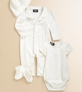 Softest jersey, subtly printed with the designers' initials and edged in picot trim.Long sleeve romper with button front and snap legs Short sleeve bodysuit with back snap closures and snap bottom Hat with fold-over brim Cuffed booties Cotton Machine wash Imported