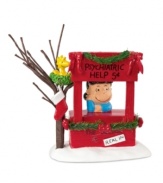 Doctor Lucy is in and dispensing wisdom to anyone who'll hear it for the low, low price of five cents. Woodstock lends support, nesting in a tree beside her booth. From the Peanuts Village by Department 56.