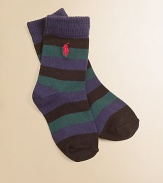 Ultra-soft and ultra-stylish for little feet with bold stripes and requisite pony embroidery.73% cotton/23% nylon/3% rubber/1% spandexMachine washImported
