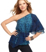 One-shoulder style plus an audacious animal print equal this sultry, night-out top from Rampage!