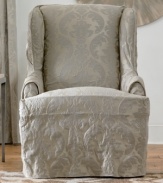 Ripe and ready for spring, the Matelasse Damask wing chair slipcover presents a fresh damask design for your furniture. Rounded arms with extra-thick cording and a straight skirt make this slipcover compatible with any style furniture, from slim-lined to camel back.