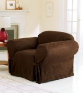 Soft, stylish and sophisticated, the Soft Faux Suede chair slipcover from Sure Fit will energize your upholstery and home with modern flair. Designed with broad arms, inner pleating and a drape skirt with ties for an easy update.