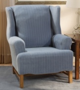 Snug, form-fitting slipcovers for hard-to-fit furniture. The Stretch Pinstripe collection protects and restores worn-out wing chairs with subtle stripes that create balance and structure in any living area.