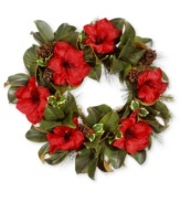 Vibrant red Amaryllis creates a beautiful focal point in this holiday wreath from Winward. Accented with pine cones and branches, this floral wreath is sure to evoke a festive atmosphere.