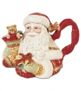 Trim the table, too. As much decor as serveware, the Bountiful Holiday teapot from Fitz and Floyd is rich with detail, from the autumnal pattern in Santa's coat, to the beautiful gifts he bears. Remove his hat to fill and pour from his stocking.