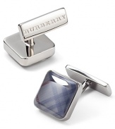 Square cufflinks with subtle check pattern. Logo stamped on back of clasp closure.