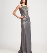 Shimmering and sleek, this festive, floor-length style is dressed up with an intricately beaded bodice.Beaded necklineSleevelessEmpire seamFully linedConcealed back zipAbout 51 from natural waist93% polyester/7% spandexDry cleanMade in USA of imported fabricModel shown is 5'10 (177cm) wearing US size 4. 