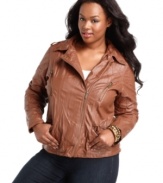 Kick start your casual look with Dollhouse's plus size motorcycle jacket, crafted from sexy faux leather!