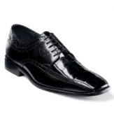 Classic leather and printed panels team up to make these sleek bike toe oxfords the perfect pairing of timeless polish and modern edge. This is one pair of men's dress shoes that will differentiate you from the crowd.