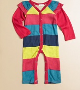 A precious little one-piece for baby in a snap-front silhouette with a rainbow of colorful stripes.V-neckRuffled shouldersLayered-look long sleevesSnap front and bottom50% cotton/50% modalMachine washImported Please note: Number of snaps may vary depending on size ordered. 