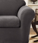 Fashionably modern with a subtle two-toned pattern, the Stretch Metro slipcover from Sure Fit makes updating furniture effortless! Its two-piece construction offers a separate seat cover for easy cleaning and a supreme fit that stays securely in place.