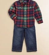 Rendered in touchably soft cotton, a classic jean and rugged plaid button-down exude timeless charm. Shirt Pointed collarLong sleeves with barrel cuffsButton-frontButton-flap patch pocketShirttail hem Jeans Front button closureRear elasticized waistband with belt loopsZip flyFive-pocket styleCottonMachine washImported Please note: Number of buttons may vary depending on size ordered. 