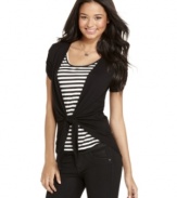 BCX makes layering look easy with this tie-front cardigan. Features an attached faux-tee!