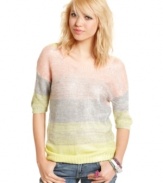 Your style is like a rainbow! Prove it in Pink Rose's metallic-front short sleeve sweater. Features pretty stripes in a multitude of soft hues.