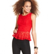 Featuring a diamond-shape back cutout and fanciful lace, this peplum top from XOXO is designed for festive occasions!