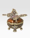 Carefully placed Swarovski crystals lend an opulent, heirloom-quality touch to a charming keepsake box handcrafted in brass ox-plated pewter. Swarovski crystal detailWipe clean2¼W X 1¼H X 1¾DHandmade in USA