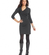 AGB's sweater dress looks extra chic with an asymmetrical neckline and faux leather buckled details at the waist.