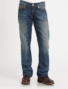 The requisite bootcut design is enhanced with striking contrast stitching, signature back flap pockets and strategic fading.Five-pocket styleZip flyStitched back flap pocketsInseam, about 32CottonMachine washMade in USA