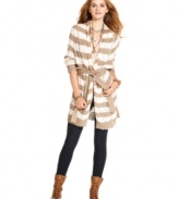 Cozy and cute -- what more do you need in a fall layer? This long sweater from American Rag features neutral stripes and a belted waist for the perfect, nipped-in fit.