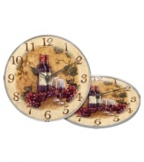 An inspiring clock for your kitchen. Red wine, grapes and glasses for two bring home the essence of an Italian vineyard. Metal hands in a classic teardrop shape match a simple frame.