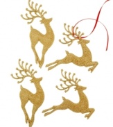 Reindeer a-leaping. Four golden reindeer bound through your tree with a coat of gold glitter that'll shine bright from any bough.