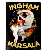 An Ingham ad from the early twentieth century, this wooden sign shows two heavenly figures topping off a giant goblet of marsala wine. A design by one of Italy's most renowned posterists, Marcello Dudovich.