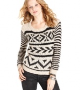 What's on your must-have list this season? Add Jolt's chic intarsia sweater to the mix! The plush fabrication and dynamic, tribal design makes this layer a style you'll heart all season long.