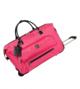 Jetting there in style. Anne Klein's signature style stands out in this rolling city bag with crocodile embossed trim, custom signature hardware and a fully-lined interior with lion's mane print. An ideal companion brings comfort into your travels with convenient carry handles and two wheels for rolling. 10-year warranty. (Clearance)
