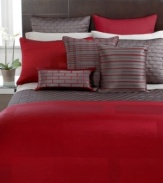 An architectural block pattern in a daring red jacquard gives Hotel Collection's Frame Lacquer duvet cover a bold, modern allure.