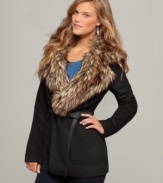 Jou Jou's faux fur wrap adds a hint of glam to your outerwear. Ultra-chic, this jacket easily transitions from daytime to date night!