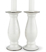 A delicate monochromatic vine motif, gentle curves and platinum trim are sure to infuse your décor with a gentle, elegant glow. Candles not included. Measures 6-1/8. Qualifies for Rebate