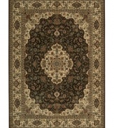 Distinctive flair with roots in Persian design. This exquisitely ornate area rug is abound in deep, sumptuous chocolate tones, highlighted by a dramatic central medallion, and crafted from Nourison's own Opulon™ yarns for a densely woven pile with long-lasting color retention and durability.