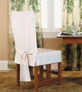 A chic way to bring your dining room décor together in a simple cotton duck. Slipcover fits most armless dining room chairs, up to 42 high.