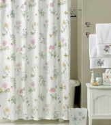 Let the spring whimsy of this shower curtain wash over you like an April shower. Butterflies and flowers dance along a white face in this pattern inspired by the dinnerware.