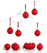 Cherry red and swirling with glitter, these Martha Stewart Collection mini ornaments make a big, bright impact on your tree.