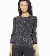 A vibrant paisley print lends a feminine flourish to the timeless Xenia crewneck sweater, crafted in an elegant silk-cashmere knit for chic versatility and a luxuriously soft texture.