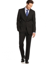 Basic black goes modern with a slim-fit on this 3-piece Kenneth Cole suit. Basic black goes modern with a slim-fit on this 3-piece Kenneth Cole suit.
